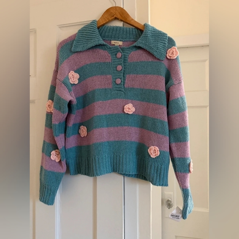 Striped Collared Knit Sweater with Flower Appliqués - Blue & Lavender